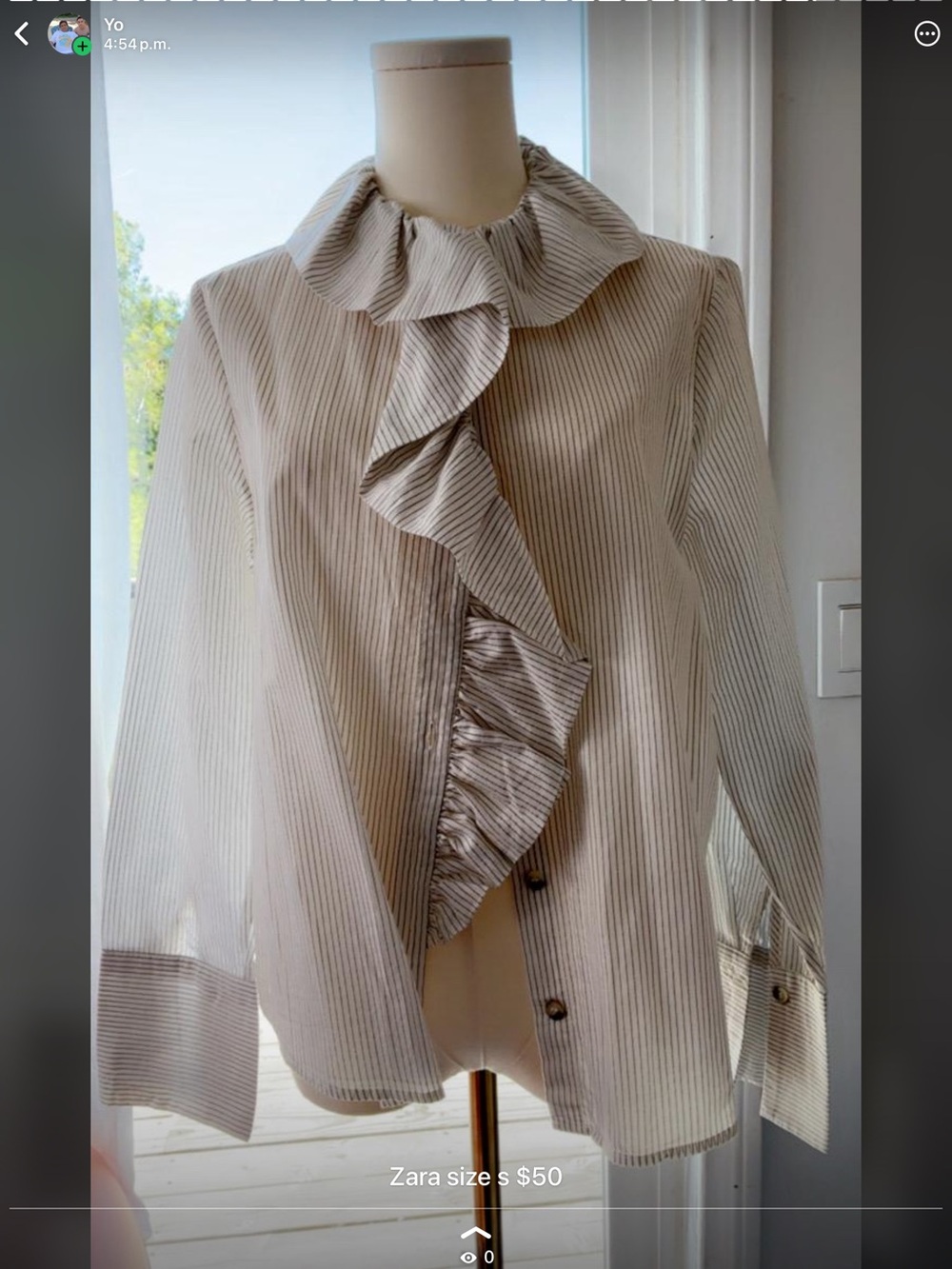 Ruffled Pinstripe Blouse - Cream & Taupe